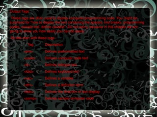 Output Tags   These tags are often used to display computer/programming code. You might be surprised for "how to display the text containing the spaces, line breaks, programming codes, sample text, define variable". Do not worry, because in this chapter we are going to show you how easily you can do easily.    So lets start with these tags:    Tag Description <pre> Defines preformatted text <code> Defines computer code text <tt> Defines teletype text <kbd> Defines keyboard text <var> Defines a variable <dfn> Defines a definition term <bdo> Defines the direction of text display <samp> Defines sample computer code   