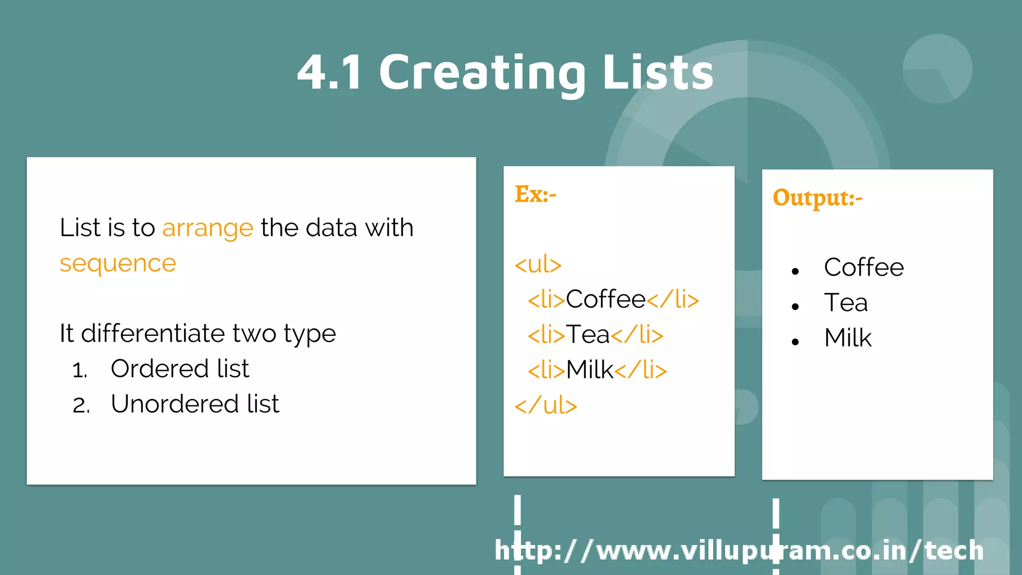 4.1 Creating Lists
List is to arrange the data with
sequence
It differentiate two type
1. Ordered list
2. Unordered list
Ex:-
<ul>
<li>Coffee</li>
<li>Tea</li>
<li>Milk</li>
</ul>
Output:-
● Coffee
● Tea
● Milk
 