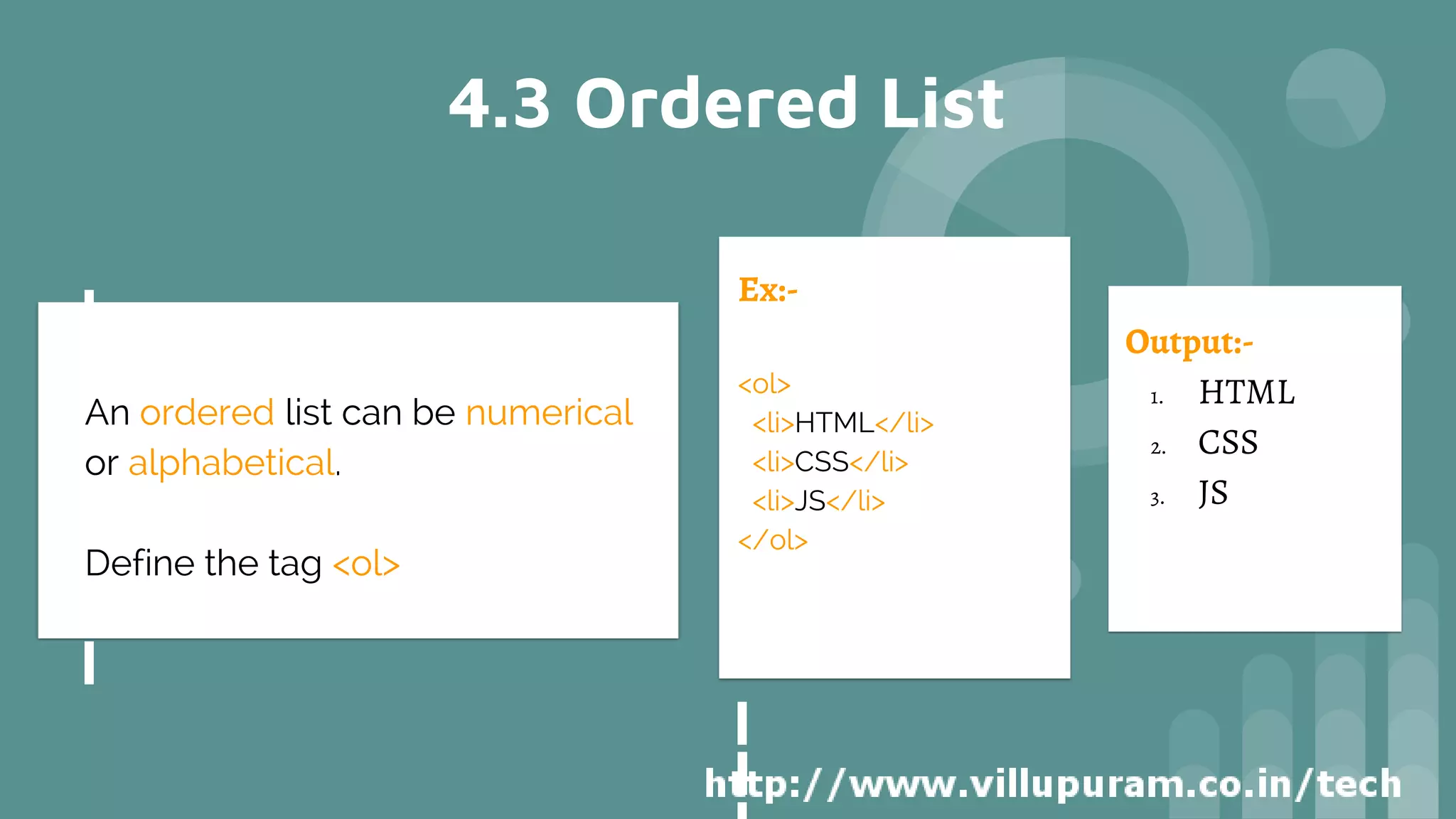 4.3 Ordered List
Ex:-
<ol>
<li>HTML</li>
<li>CSS</li>
<li>JS</li>
</ol>
Output:-
1. HTML
2. CSS
3. JS
An ordered list can be numerical
or alphabetical.
Define the tag <ol>
 