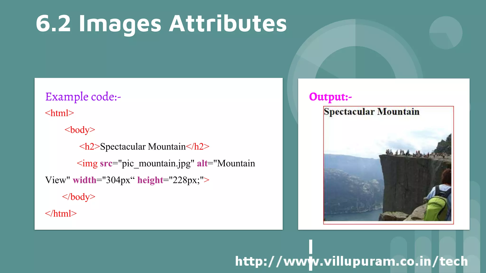 6.2 Images Attributes
Example code:-
<html>
<body>
<h2>Spectacular Mountain</h2>
<img src="pic_mountain.jpg" alt="Mountain
View" width="304px“ height="228px;">
</body>
</html>
Output:-
 