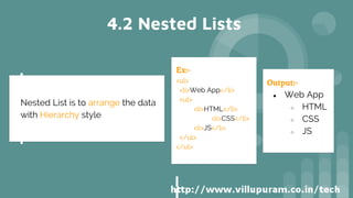 4.2 Nested Lists
Nested List is to arrange the data
with Hierarchy style
Ex:-
<ul>
<li>Web App</li>
<ul>
<li>HTML</li>
<li>CSS</li>
<li>JS</li>
</ul>
</ul>
Output:-
● Web App
○ HTML
○ CSS
○ JS
 
