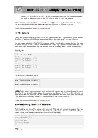Tutorials Point, Simply Easy Learning
38 | P a g e
coords="20,20,40,40,20,60,0,40". A "line" is always drawn from the coordinates of the
last point to the coordinates of the first point in order to close the polygon.
All coordinates are relative to the upper-left corner of the image (0,0). Each shape has a related
URL.You can use any image software to know the coordinates of different positions.
To Become more comfortable - Do Online Practice
HTML Tables
Tables are very useful to arrange in HTML and they are used very frequently by almost all web
developers. Tables are just like spreadsheets and they are made up of rows and columns.
You will create a table in HTML/XHTML by using <table> tag. Inside <table> element the table
is written out row by row. A row is contained inside a <tr> tag . which stands for table row. And
each cell is then written inside the row element using a <td> tag . which stands for table data.
Example:
<table border="1">
<tr>
<td>Row 1, Column 1</td>
<td>Row 1, Column 2</td>
</tr>
<tr>
<td>Row 2, Column 1</td>
<td>Row 2, Column 2</td>
</tr>
</table>
This will produce following result:
Row 1, Column 1 Row 1, Column 2
Row 2, Column 1 Row 2, Column 2
NOTE: In the above example border is an attribute of <table> and it will put border across all
the cells. If you do not need a border then you cal use border="0". The border attribute and
other attributes also mentione din this session are deprecated and they have been replaced by
CSS. So it is recommended to use CSS instead of using any attribute directly.
To Become more comfortable - Do Online Practice
Table Heading - The <th> Element:
Table heading can be defined using <th> element. This tag will be put to replace <td> tag
which is used to represent actual data. Normally you will put your top row as table heading as
shown below, otherwise you can use <th> element at any place:
<table border="1">
<tr>
<th>Name</th>
<th>Salary</th>
</tr>
 