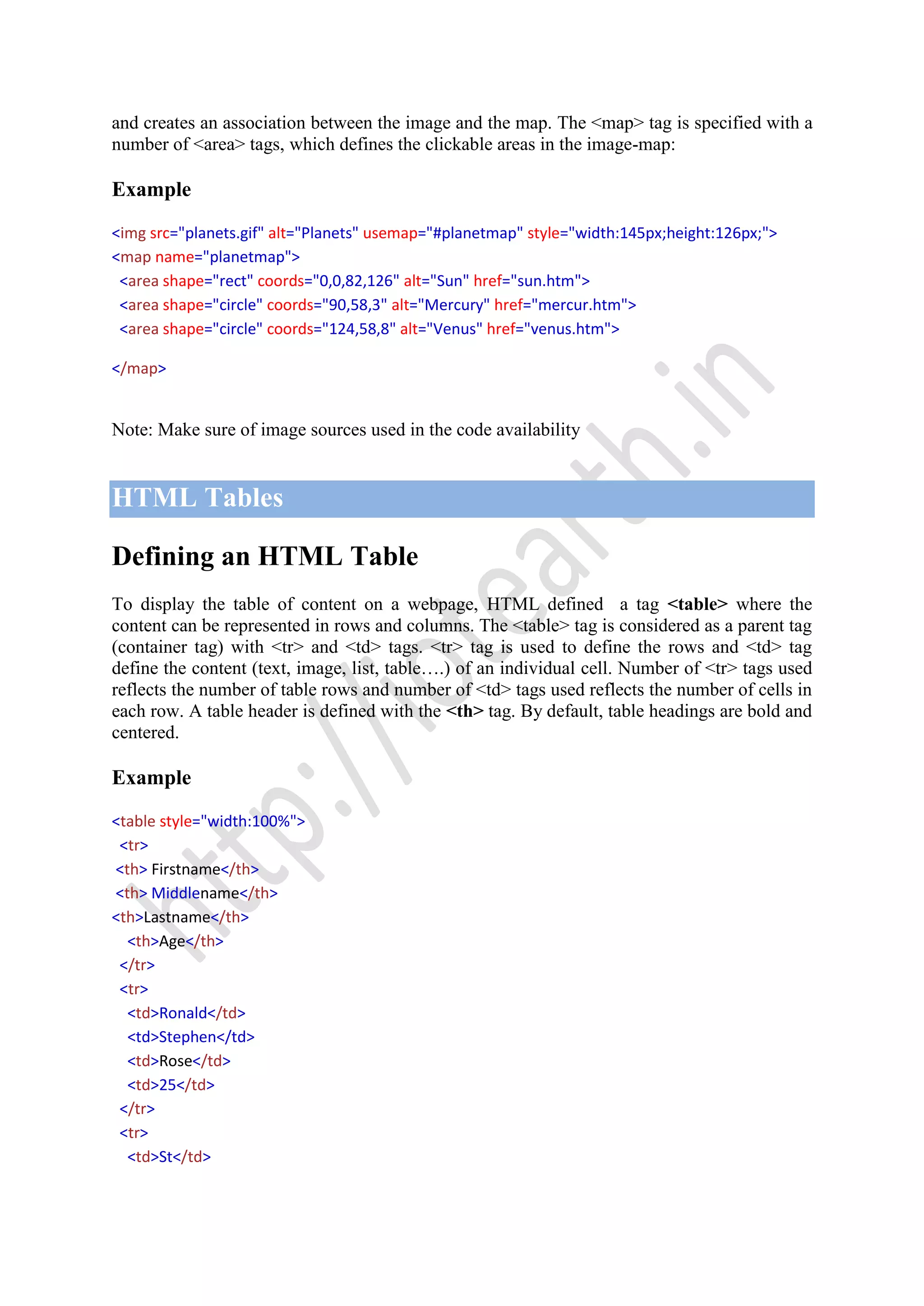 and creates an association between the image and the map. The <map> tag is specified with a
number of <area> tags, which defines the clickable areas in the image-map:
Example
<img src="planets.gif" alt="Planets" usemap="#planetmap" style="width:145px;height:126px;">
<map name="planetmap">
<area shape="rect" coords="0,0,82,126" alt="Sun" href="sun.htm">
<area shape="circle" coords="90,58,3" alt="Mercury" href="mercur.htm">
<area shape="circle" coords="124,58,8" alt="Venus" href="venus.htm">
</map>
Note: Make sure of image sources used in the code availability
HTML Tables
Defining an HTML Table
To display the table of content on a webpage, HTML defined a tag <table> where the
content can be represented in rows and columns. The <table> tag is considered as a parent tag
(container tag) with <tr> and <td> tags. <tr> tag is used to define the rows and <td> tag
define the content (text, image, list, table….) of an individual cell. Number of <tr> tags used
reflects the number of table rows and number of <td> tags used reflects the number of cells in
each row. A table header is defined with the <th> tag. By default, table headings are bold and
centered.
Example
<table style="width:100%">
<tr>
<th> Firstname</th>
<th> Middlename</th>
<th>Lastname</th>
<th>Age</th>
</tr>
<tr>
<td>Ronald</td>
<td>Stephen</td>
<td>Rose</td>
<td>25</td>
</tr>
<tr>
<td>St</td>
 