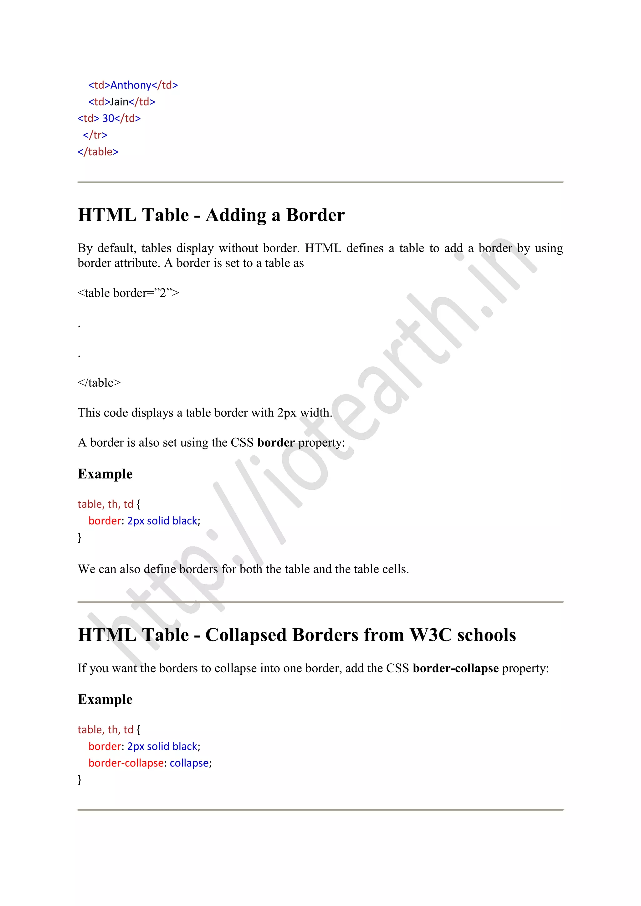 <td>Anthony</td>
<td>Jain</td>
<td> 30</td>
</tr>
</table>
HTML Table - Adding a Border
By default, tables display without border. HTML defines a table to add a border by using
border attribute. A border is set to a table as
<table border=”2”>
.
.
</table>
This code displays a table border with 2px width.
A border is also set using the CSS border property:
Example
table, th, td {
border: 2px solid black;
}
We can also define borders for both the table and the table cells.
HTML Table - Collapsed Borders from W3C schools
If you want the borders to collapse into one border, add the CSS border-collapse property:
Example
table, th, td {
border: 2px solid black;
border-collapse: collapse;
}
 