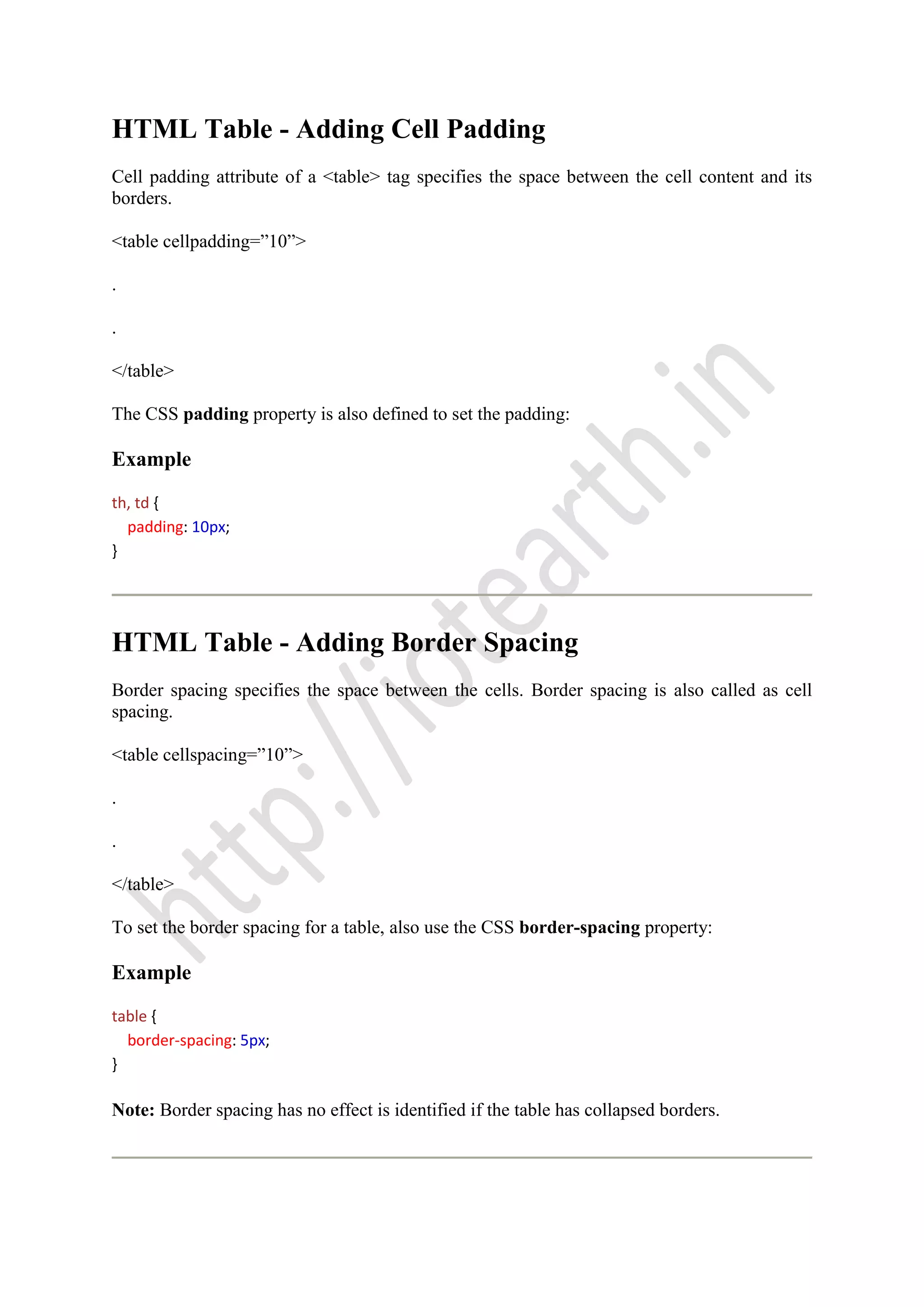 HTML Table - Adding Cell Padding
Cell padding attribute of a <table> tag specifies the space between the cell content and its
borders.
<table cellpadding=”10”>
.
.
</table>
The CSS padding property is also defined to set the padding:
Example
th, td {
padding: 10px;
}
HTML Table - Adding Border Spacing
Border spacing specifies the space between the cells. Border spacing is also called as cell
spacing.
<table cellspacing=”10”>
.
.
</table>
To set the border spacing for a table, also use the CSS border-spacing property:
Example
table {
border-spacing: 5px;
}
Note: Border spacing has no effect is identified if the table has collapsed borders.
 