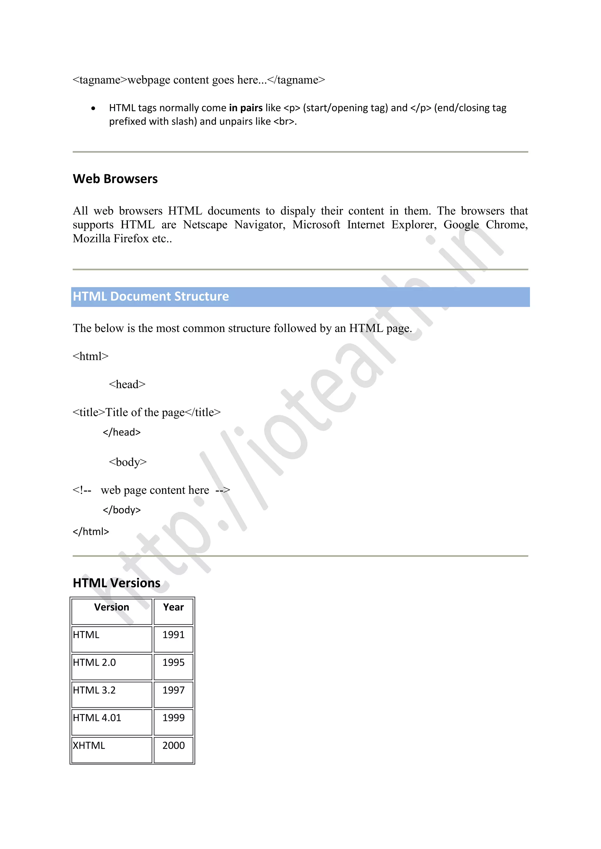 <tagname>webpage content goes here...</tagname>
HTML tags normally come in pairs like <p> (start/opening tag) and </p> (end/closing tag
prefixed with slash) and unpairs like <br>.
Web Browsers
All web browsers HTML documents to dispaly their content in them. The browsers that
supports HTML are Netscape Navigator, Microsoft Internet Explorer, Google Chrome,
Mozilla Firefox etc..
HTML Document Structure
The below is the most common structure followed by an HTML page.
<html>
<head>
<title>Title of the page</title>
</head>
<body>
<!-- web page content here -->
</body>
</html>
HTML Versions
Version Year
HTML 1991
HTML 2.0 1995
HTML 3.2 1997
HTML 4.01 1999
XHTML 2000
 