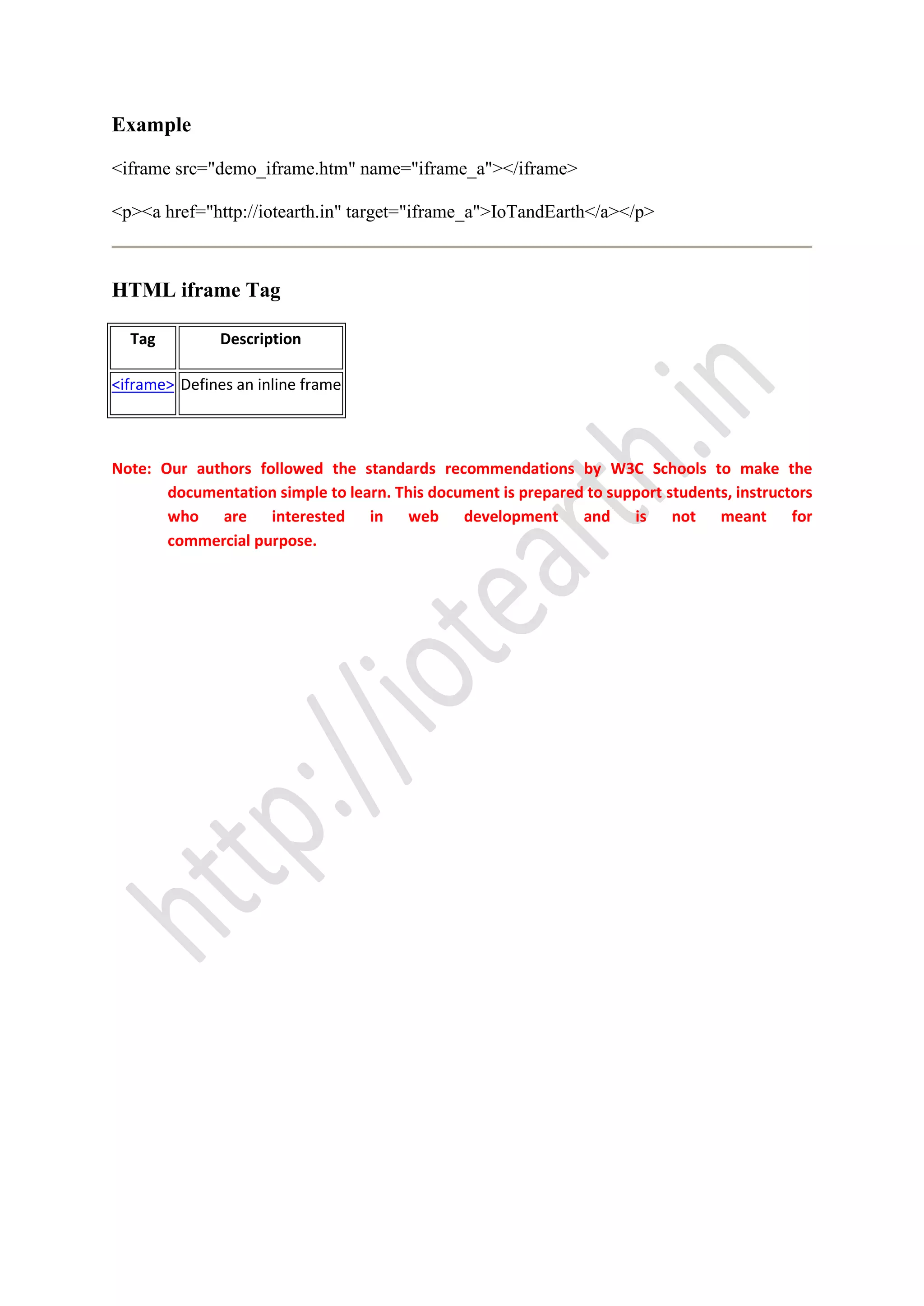 Example
<iframe src="demo_iframe.htm" name="iframe_a"></iframe>
<p><a href="http://iotearth.in" target="iframe_a">IoTandEarth</a></p>
HTML iframe Tag
Tag Description
<iframe> Defines an inline frame
Note: Our authors followed the standards recommendations by W3C Schools to make the
documentation simple to learn. This document is prepared to support students, instructors
who are interested in web development and is not meant for
commercial purpose.
 