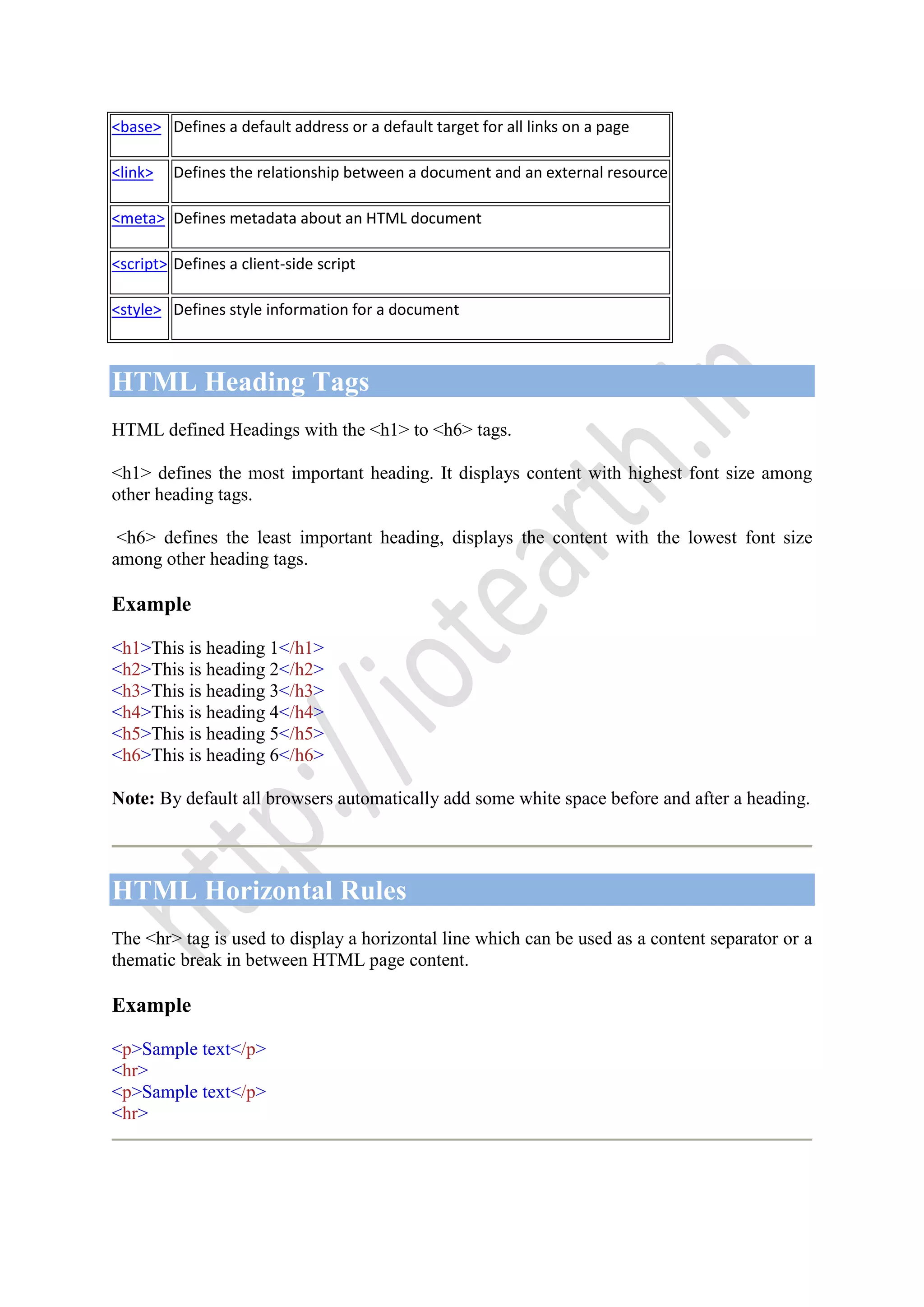 <base> Defines a default address or a default target for all links on a page
<link> Defines the relationship between a document and an external resource
<meta> Defines metadata about an HTML document
<script> Defines a client-side script
<style> Defines style information for a document
HTML Heading Tags
HTML defined Headings with the <h1> to <h6> tags.
<h1> defines the most important heading. It displays content with highest font size among
other heading tags.
<h6> defines the least important heading, displays the content with the lowest font size
among other heading tags.
Example
<h1>This is heading 1</h1>
<h2>This is heading 2</h2>
<h3>This is heading 3</h3>
<h4>This is heading 4</h4>
<h5>This is heading 5</h5>
<h6>This is heading 6</h6>
Note: By default all browsers automatically add some white space before and after a heading.
HTML Horizontal Rules
The <hr> tag is used to display a horizontal line which can be used as a content separator or a
thematic break in between HTML page content.
Example
<p>Sample text</p>
<hr>
<p>Sample text</p>
<hr>
 