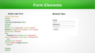 Form Elements
Simple Login Form
<!DOCTYPE html>
<html>
<head>
<title>Form Elements</title>
</head>
<body>
<form action="login.php" method="post">
Email<br> <input type="email" name="email"
placeholder="Email">
<br>
Password <br> <input type="password"
name="Password" placeholder="Password">
<br>
<button type="submit"
name="button">Login</button>
</form>
</body>
</html>
Browser View
 