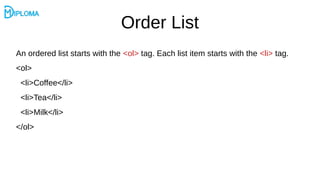 Order List
An ordered list starts with the <ol> tag. Each list item starts with the <li> tag.
<ol>
<li>Coffee</li>
<li>Tea</li>
<li>Milk</li>
</ol>
 