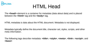 HTML Head
The <head> element is a container for metadata (data about data) and is placed
between the <html> tag and the <body> tag.
HTML metadata is data about the HTML document. Metadata is not displayed.
Metadata typically define the document title, character set, styles, scripts, and other
meta information.
The following tags describe metadata: <title>, <style>, <meta>, <link>, <script>, and
<base>
 