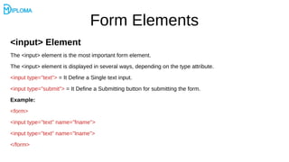 Form Elements
<input> Element
The <input> element is the most important form element.
The <input> element is displayed in several ways, depending on the type attribute.
<input type=”text”> = It Define a Single text input.
<input type=”submit”> = It Define a Submitting button for submitting the form.
Example:
<form>
<input type=”text” name=”fname”>
<input type=”text” name=”lname”>
</form>
 