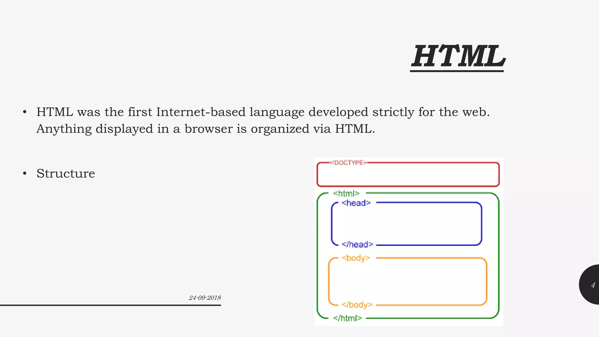 HTML
• HTML was the first Internet-based language developed strictly for the web.
Anything displayed in a browser is organized via HTML.
• Structure
24-09-2018
4
 