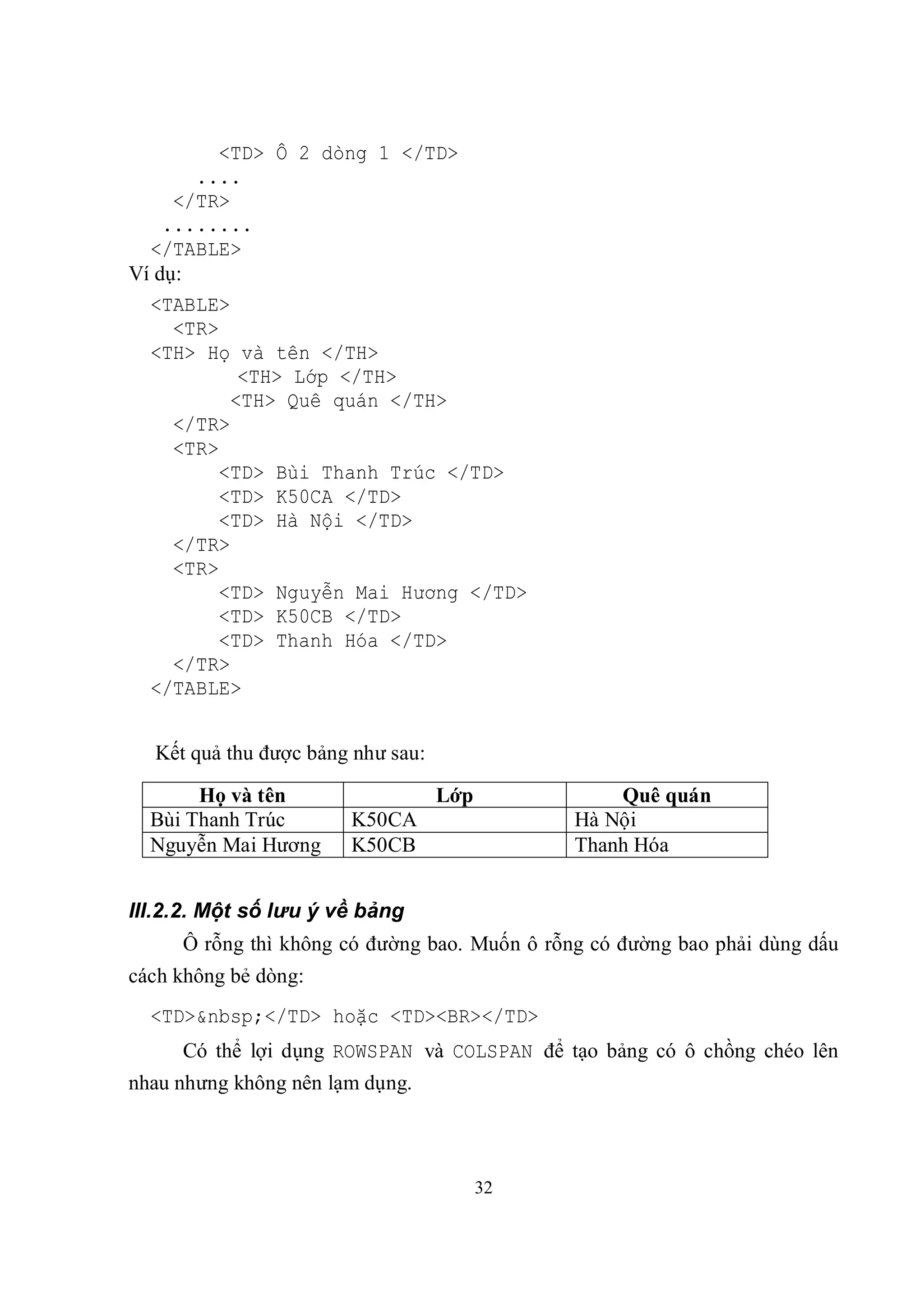 <TD> Ô 2 dòng 1 </TD>
       ....
     </TR>
    ........
  </TABLE>
Ví dụ:
  <TABLE>
     <TR>
  <TH> Họ và tên </TH>
            <TH> Lớp </TH>
           <TH> Quê quán </TH>
     </TR>
     <TR>
          <TD> Bùi Thanh Trúc </TD>
          <TD> K50CA </TD>
          <TD> Hà Nội </TD>
     </TR>
     <TR>
          <TD> Nguyễn Mai Hương </TD>
          <TD> K50CB </TD>
          <TD> Thanh Hóa </TD>
     </TR>
  </TABLE>


  Kết quả thu được bảng như sau:

       Họ và tên                   Lớp            Quê quán
  Bùi Thanh Trúc       K50CA                  Hà Nội
  Nguyễn Mai Hương     K50CB                  Thanh Hóa


III.2.2. Một số lưu ý về bảng
     Ô rỗng thì không có đường bao. Muốn ô rỗng có đường bao phải dùng dấu
cách không bẻ dòng:
  <TD>&nbsp;</TD> hoặc <TD><BR></TD>
     Có thể lợi dụng ROWSPAN và COLSPAN để tạo bảng có ô chồng chéo lên
nhau nhưng không nên lạm dụng.



                                         32
 