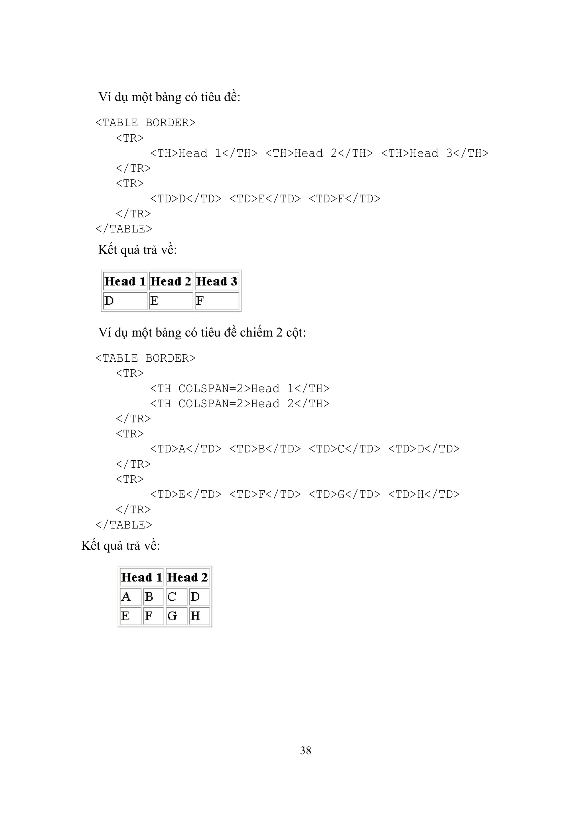 Ví dụ một bảng có tiêu đề:
  <TABLE BORDER>
     <TR>
          <TH>Head 1</TH> <TH>Head 2</TH> <TH>Head 3</TH>
     </TR>
     <TR>
          <TD>D</TD> <TD>E</TD> <TD>F</TD>
     </TR>
  </TABLE>
   Kết quả trả về:




   Ví dụ một bảng có tiêu đề chiếm 2 cột:
  <TABLE BORDER>
     <TR>
          <TH COLSPAN=2>Head 1</TH>
          <TH COLSPAN=2>Head 2</TH>
     </TR>
     <TR>
          <TD>A</TD> <TD>B</TD> <TD>C</TD> <TD>D</TD>
     </TR>
     <TR>
          <TD>E</TD> <TD>F</TD> <TD>G</TD> <TD>H</TD>
     </TR>
  </TABLE>
Kết quả trả về:




                                       38
 