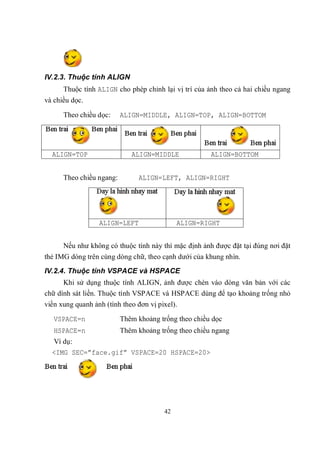 IV.2.3. Thuộc tính ALIGN
      Thuộc tính ALIGN cho phép chỉnh lại vị trí của ảnh theo cả hai chiều ngang
và chiều dọc.

      Theo chiều dọc:     ALIGN=MIDDLE, ALIGN=TOP, ALIGN=BOTTOM




  ALIGN=TOP                  ALIGN=MIDDLE             ALIGN=BOTTOM


      Theo chiều ngang:        ALIGN=LEFT, ALIGN=RIGHT




                  ALIGN=LEFT                 ALIGN=RIGHT


      Nếu như không có thuộc tính này thì mặc định ảnh được đặt tại đúng nơi đặt
thẻ IMG dóng trên cùng dòng chữ, theo cạnh dưới của khung nhìn.
IV.2.4. Thuộc tính VSPACE và HSPACE
      Khi sử dụng thuộc tính ALIGN, ảnh được chèn vào dòng văn bản với các
chữ dính sát liền. Thuộc tính VSPACE và HSPACE dùng để tạo khoảng trống nhỏ
viền xung quanh ảnh (tính theo đơn vị pixel).

   VSPACE=n               Thêm khoảng trống theo chiều dọc
   HSPACE=n               Thêm khoảng trống theo chiều ngang
  Ví dụ:
  <IMG SEC=”face.gif” VSPACE=20 HSPACE=20>




                                        42
 