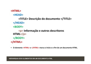 <HTML>
   <HEAD>
       <TITLE> Descrição do documento </TITLE>
   </HEAD>
   <BODY>
       <p> Informação e outros descritores
   HTML</p>
   </BODY>
 </HTML>
 • O elemento <HTML> e </HTML> marca o início e o fim de um documento HTML.




HIERARQUIA DOS ELEMENTOS EM UM DOCUMENTO HTML
 