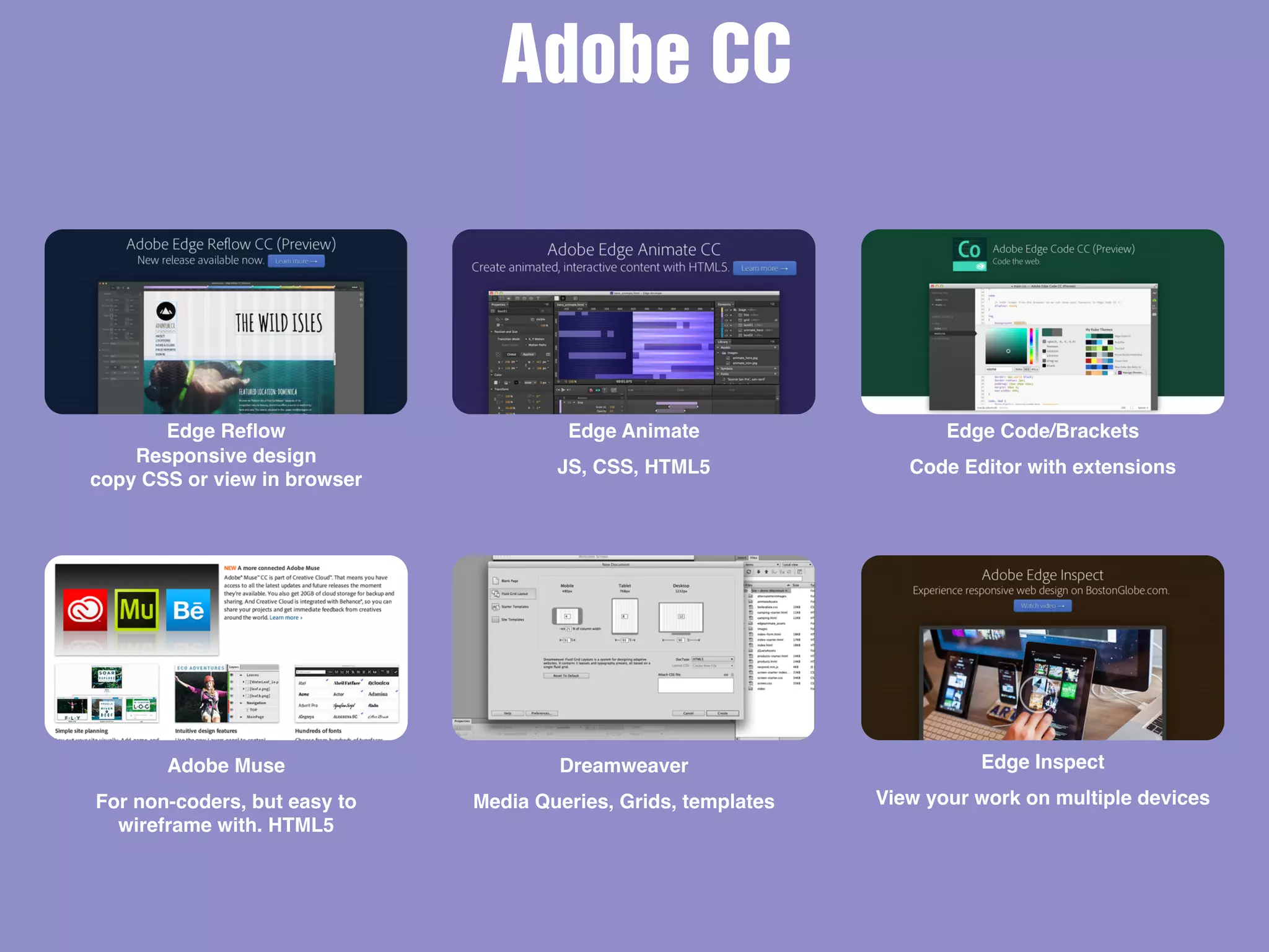 Edge Reﬂow
Responsive design
copy CSS or view in browser
Edge Animate
JS, CSS, HTML5
Edge Code/Brackets
Code Editor with extensions
Adobe Muse
For non-coders, but easy to
wireframe with. HTML5
Edge Inspect
View your work on multiple devices
Adobe CC
Dreamweaver
Media Queries, Grids, templates
 