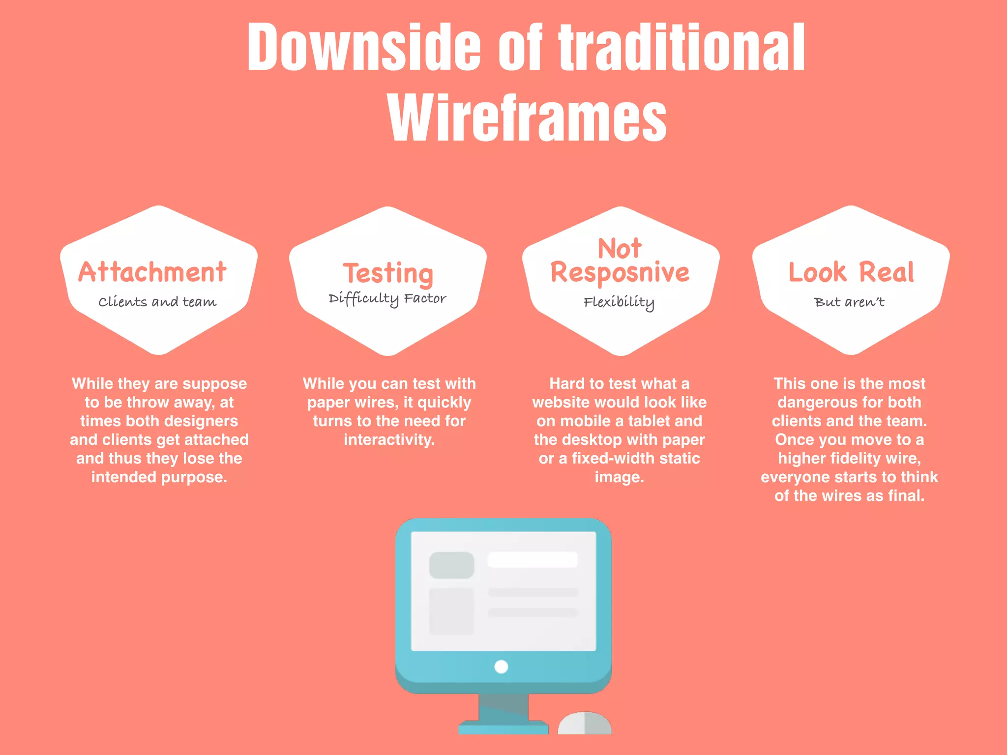 Attachment
Clients and team
Testing
Difficulty Factor
Not
Resposnive
Flexibility
Look Real
But aren’t
Downside of traditional
Wireframes
While they are suppose
to be throw away, at
times both designers
and clients get attached
and thus they lose the
intended purpose.
While you can test with
paper wires, it quickly
turns to the need for
interactivity.
Hard to test what a
website would look like
on mobile a tablet and
the desktop with paper
or a ﬁxed-width static
image.
This one is the most
dangerous for both
clients and the team.
Once you move to a
higher ﬁdelity wire,
everyone starts to think
of the wires as ﬁnal.
 
