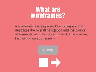What are
wireframes?
A wireframe is a grayscale block diagram that
illustrates the overall navigation and the blocks
of el...