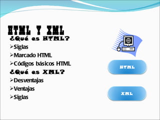 HTML es HTML?
¿Qué
      Y XML
Siglas
Marcado HTML
Códigos básicos HTML
                        HTML
¿Qué es XML?
Desventajas
Ventajas
                        XML
Siglas
 