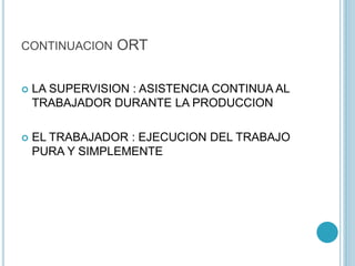 CONTINUACION ORT 
 LA SUPERVISION : ASISTENCIA CONTINUA AL 
TRABAJADOR DURANTE LA PRODUCCION 
 EL TRABAJADOR : EJECUCION DEL TRABAJO 
PURA Y SIMPLEMENTE 
 