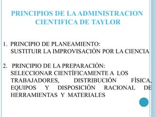 PRINCIPIOS DE LA ADMINISTRACION 
CIENTIFICA DE TAYLOR 
1. PRINCIPIO DE PLANEAMIENTO: 
SUSTITUIR LA IMPROVISACIÓN POR LA CIENCIA 
2. PRINCIPIO DE LA PREPARACIÓN: 
SELECCIONAR CIENTÍFICAMENTE A LOS 
TRABAJADORES, DISTRIBUCIÓN FÍSICA, 
EQUIPOS Y DISPOSICIÓN RACIONAL DE 
HERRAMIENTAS Y MATERIALES 
 