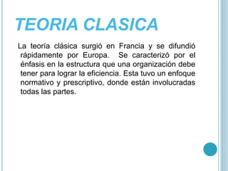 TEORIA CLASICA 
La teoría clásica surgió en Francia y se difundió 
rápidamente por Europa. Se caracterizó por el 
énfasis en la estructura que una organización debe 
tener para lograr la eficiencia. Esta tuvo un enfoque 
normativo y prescriptivo, donde están involucradas 
todas las partes. 
 