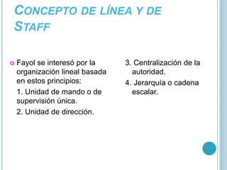 CONCEPTO DE LÍNEA Y DE 
STAFF 
 Fayol se interesó por la 
organización lineal basada 
en estos principios: 
1. Unidad de mando o de 
supervisión única. 
2. Unidad de dirección. 
3. Centralización de la 
autoridad. 
4. Jerarquía o cadena 
escalar. 
 