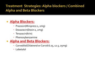  Alpha Blockers:
• Prazosin(Minipress:1, 2mg)
• Doxazocin(Dosin:1, 2mg)
• Terazocin(Itrin)
• Phenoxybenzamine
 Alpha and Beta Blockers:
• Carvedilol(Dilatrend or Carvid:6.25, 12.5, 25mg)
• Labetalol
 