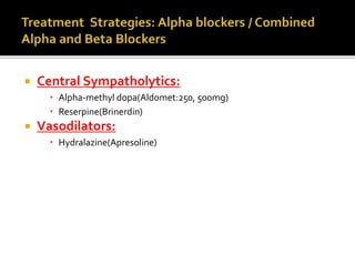  Central Sympatholytics:
• Alpha-methyl dopa(Aldomet:250, 500mg)
• Reserpine(Brinerdin)
 Vasodilators:
• Hydralazine(Apresoline)
 