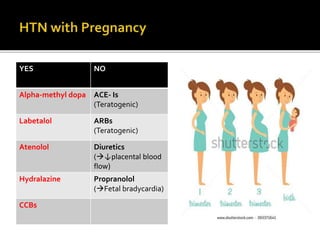 YES NO
Alpha-methyl dopa ACE- Is
(Teratogenic)
Labetalol ARBs
(Teratogenic)
Atenolol Diuretics
(↓placental blood
flow)
Hydralazine Propranolol
(Fetal bradycardia)
CCBs
 