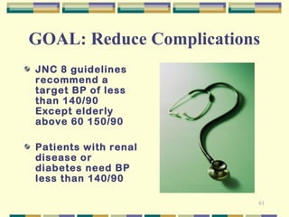 GOAL: Reduce Complications 
61 
JNC 8 guidelines 
recommend a 
target BP of less 
than 140/90 
Except elderly 
above 60 150/90 
Patients with renal 
disease or 
diabetes need BP 
less than 140/90 
 