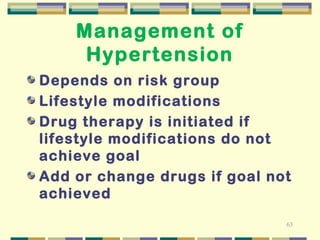 63 
Management of 
Hypertension 
Depends on risk group 
Lifestyle modifications 
Drug therapy is initiated if 
lifestyle modifications do not 
achieve goal 
Add or change drugs if goal not 
achieved 
 