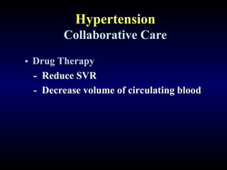 Hypertension
Collaborative Care
• Drug Therapy
- Reduce SVR
- Decrease volume of circulating blood
 