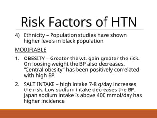 Risk Factors of HTN
4) Ethnicity – Population studies have shown
higher levels in black population
MODIFIABLE
1. OBESITY – Greater the wt. gain greater the risk.
On loosing weight the BP also decreases.
“Central obesity” has been positively correlated
with high BP
2. SALT INTAKE – high intake 7-8 g/day increases
the risk. Low sodium intake decreases the BP.
Japan sodium intake is above 400 mmol/day has
higher incidence
.
 