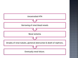 Eventually renal failure.
Atrophy of renal tubules, glomeruli destruction & death of nephrons.
Renal ischemia
Narrowing of renal blood vessels
Uncontrolled HTN
 