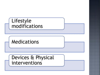 Lifestyle
modifications
Medications
Devices & Physical
interventions
 