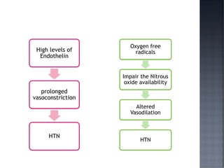 High levels of
Endothelin
prolonged
vasoconstriction
HTN
Oxygen free
radicals
Impair the Nitrous
oxide availability
Altered
Vasodilation
HTN
 