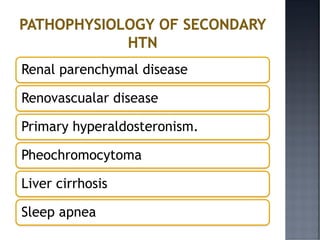 Renal parenchymal disease
Renovascualar disease
Primary hyperaldosteronism.
Pheochromocytoma
Liver cirrhosis
Sleep apnea
 
