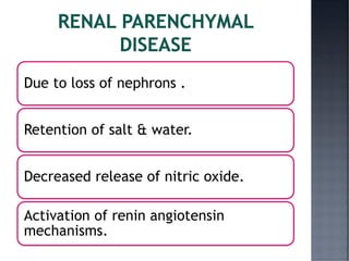 Due to loss of nephrons .
Retention of salt & water.
Decreased release of nitric oxide.
Activation of renin angiotensin
mechanisms.
 