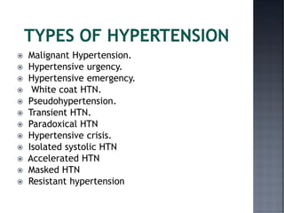  Malignant Hypertension.
 Hypertensive urgency.
 Hypertensive emergency.
 White coat HTN.
 Pseudohypertension.
 Transient HTN.
 Paradoxical HTN
 Hypertensive crisis.
 Isolated systolic HTN
 Accelerated HTN
 Masked HTN
 Resistant hypertension
 