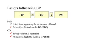 Factors Influencing BP
PVR
 Is the force opposing the movement of blood
 Primarily affects diastolic BP (DBP)
CO
 Stroke volume & heart rate
 Primarily affects the systolic BP (SBP)
BP = CO x SVR
 