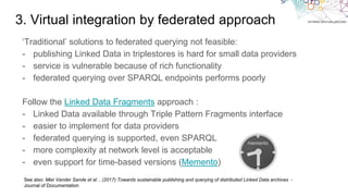 ‘Traditional’ solutions to federated querying not feasible:
- publishing Linked Data in triplestores is hard for small data providers
- service is vulnerable because of rich functionality
- federated querying over SPARQL endpoints performs poorly
Follow the Linked Data Fragments approach :
- Linked Data available through Triple Pattern Fragments interface
- easier to implement for data providers
- federated querying is supported, even SPARQL
- more complexity at network level is acceptable
- even support for time-based versions (Memento)
3. Virtual integration by federated approach
See also: Miel Vander Sande et al. , (2017) Towards sustainable publishing and querying of distributed Linked Data archives -
Journal of Documentation
 