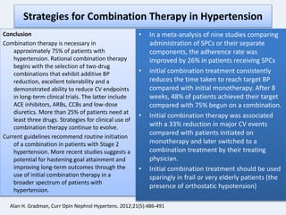 Strategies for Combination Therapy in Hypertension 
Conclusion 
Combination therapy is necessary in 
approximately 75% of patients with 
hypertension. Rational combination therapy 
begins with the selection of two-drug 
combinations that exhibit additive BP 
reduction, excellent tolerability and a 
demonstrated ability to reduce CV endpoints 
in long-term clinical trials. The latter include 
ACE inhibitors, ARBs, CCBs and low-dose 
diuretics. More than 25% of patients need at 
least three drugs. Strategies for clinical use of 
combination therapy continue to evolve. 
Current guidelines recommend routine initiation 
of a combination in patients with Stage 2 
hypertension. More recent studies suggests a 
potential for hastening goal attainment and 
improving long-term outcomes through the 
use of initial combination therapy in a 
broader spectrum of patients with 
hypertension. 
• In a meta-analysis of nine studies comparing 
administration of SPCs or their separate 
components, the adherence rate was 
improved by 26% in patients receiving SPCs 
• initial combination treatment consistently 
reduces the time taken to reach target BP 
compared with initial monotherapy. After 8 
weeks, 48% of patients achieved their target 
compared with 75% begun on a combination. 
• Initial combination therapy was associated 
with a 33% reduction in major CV events 
compared with patients initiated on 
monotherapy and later switched to a 
combination treatment by their treating 
physician. 
• Initial combination treatment should be used 
sparingly in frail or very elderly patients (the 
presence of orthostatic hypotension) 
Alan H. Gradman, Curr Opin Nephrol Hypertens. 2012;21(5):486-491 
 