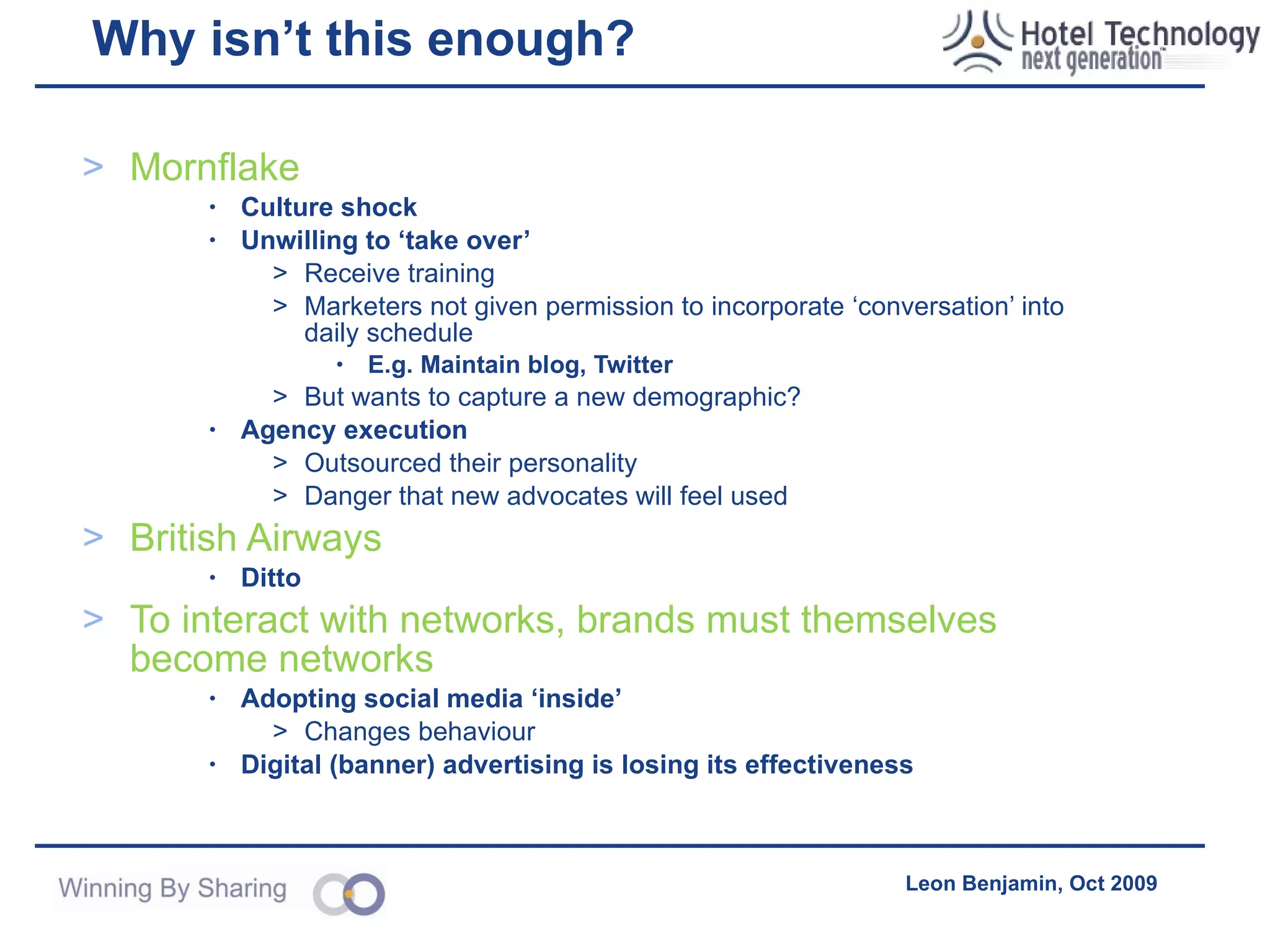 Quantitative Outcomes Target/objective Achieved? Delivered Comment 100,000 registrations X 3138 683 video, 2455 Bag of Oats 20m interactions with the brand X 2m interactions Based on link planting Rich video advertising content √ 51, 30sec-90sec videos £250k market value Customer intelligence √ Qualitative feedback after trying product Cost avoidance of focus groups? Incremental demand for product Cost avoidance (Facebook advertising) √ £50k Based on five month ad campaign to raise awareness (home page ads) Presence all major social media platforms √ Flickr, Youtube, Facebook, Typepad (blog),  Twitter 4,000 Twitter followers Improve the selling process to big supermarkets √ Young buyers at supermarkets more aware of product Penetrate new demographics √ See above Engaged new demographic age group 25-45 