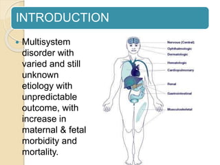 INTRODUCTION
 Multisystem
disorder with
varied and still
unknown
etiology with
unpredictable
outcome, with
increase in
maternal & fetal
morbidity and
mortality.
 