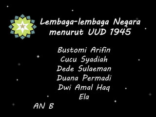 Lembaga-lembaga Negara
menurut UUD 1945
Bustomi Arifin
Cucu Syadiah
Dede Sulaeman
Duana Permadi
Dwi Amal Haq
Ela
AN B
 