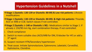 Stage 1 (Systolic: 130-139 or Diastolic: 80-89) & Low risk patients: Lifestyle
modifications
Stage 1 (Systolic: 130-139 or Diastolic: 80-89): & High risk patients: Thiazide,
ACEI or ARB or CCB. Switch classes if not controlled.
Stage 2 (Systolic: ≥ 140 or Diastolic ≥ 90) : Medications similar to Stage 1. If
already ≥ 150/90 mm Hg, start combination therapy. If not controlled:
i. Check compliance
ii. Switch to more suitable class (ACEI/ARB for DM, ß-blocker for HF) or add a
3rd agent
iii. Suspect resistant HTN/Secondary hypertension
iv. Treat cause. Initiate Spironolactone, Eplerenone; Labetalol, Carvedilol,
Hydralazine, Clonidine.
Hypertension Guidelines in a Nutshell
 