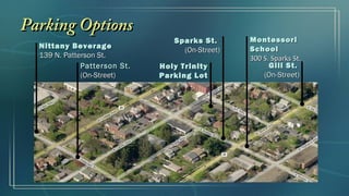 Parking Options
                                 Sparks St.      Montessori
  Nittany Beverage                               School
                                   (On-Street)
  139 N. Patterson St.                           300 S. Sparks St.
              Patterson St.   Holy Trinity             Gill St.
              (On-Street)     Parking Lot            (On-Street)
 